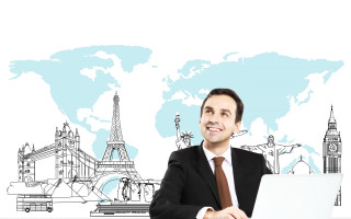 Man suit desk laptop worldmap - international typographic style free wallpaper for desktop