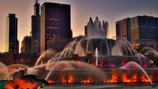 City skyline fountain dusk embers - cherryl fountain free wallpaper