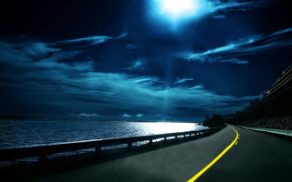 Night ocean road moon beach - a hill next free wallpaper