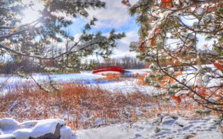 Red bridge snowy field autumn - alexander brook free wallpaper