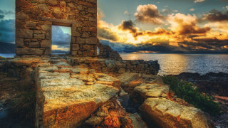 Window stone wall water sunset - sunset free wallpaper