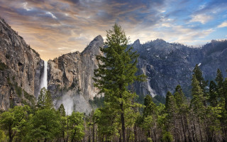 Waterfall mountains forest sunset cityscape - tree and mountains free wallpaper