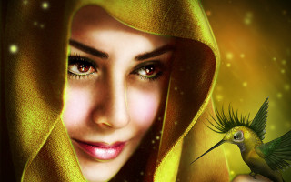 Woman bird yellow scarf digital - a green bird free wallpaper