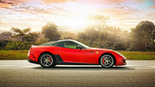 Red sports car sunset forest 2 - a road next free wallpaper