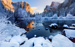 River snow mountains trees sky - snow covered mountains and trees free wallpaper