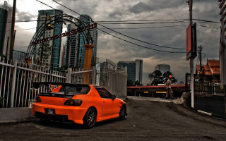 Car parked cityscape rollercoaster sunset - expressionism free wallpaper