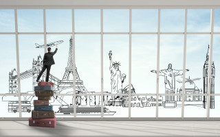 Man luggage city skyline ink - modern european ink painting free wallpaper