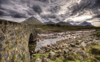 Stone bridge stream mountains cloudy - alexander johnston free wallpaper