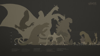 Godzilla silhouettes dark background white - epic scale free wallpaper