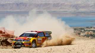 Dirt road car mountains water - dust free wallpaper