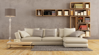 Living room couch shelf lamp - neutral free wallpaper