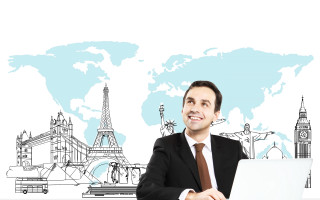 Man suit desk laptop worldmap 2 - international typographic style free wallpaper for desktop