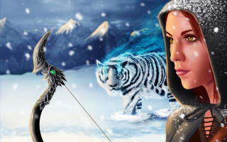 Woman bow white tiger snow - matte fantasy painting free wallpaper