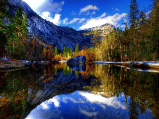 Mountain lake trees blue sky 2 - a mountain lake free wallpaper