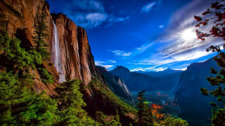 Waterfall mountain valley trees distant - tree and mountains free wallpaper
