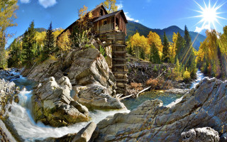 House rock waterfall mountain sunburst - bob thompson free wallpaper