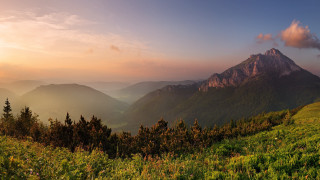 Mountain range sunset clouds trees 3 - the hillside free wallpaper