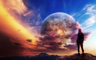 Man rock clouds dusk ocean - sense of awe free wallpaper