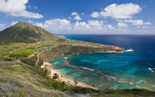 Beach mountain ocean sky landscape - scenic free wallpaper