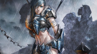 Woman armor rain sword fantasy - her hand and a helmet free wallpaper