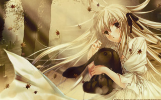 Girl bird forest autumn anime - long hair holding free wallpaper