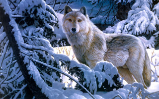 Wolf snowy forest moon figurative - full free wallpaper