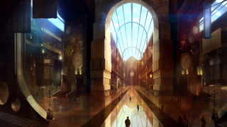 Large building clock tower reflection - a man free wallpaper