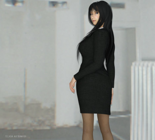 Woman black dress white wall 2 - long black hair free wallpaper