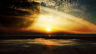 Sunset planet moon plane ocean - planet free wallpaper