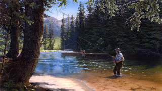 Man river fishing oil painting - a fish free wallpaper