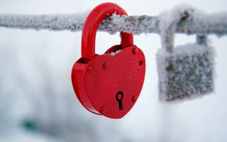 Red padlock snowy branch heart - a heart free wallpaper