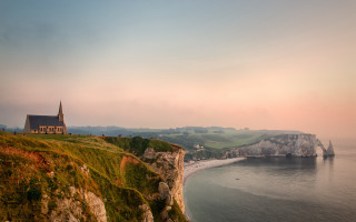 Church cliff ocean mountain sunset - the ocean and a cliff free wallpaper
