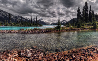 Lake mountains trees cloudy sky 43 - mountain and trees under a cloudy sky free wallpaper