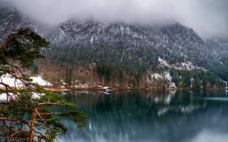 Snowy mountain lake boat trees - winter free wallpaper for desktop