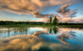 Lake clouds trees reflections sunset - a sky free wallpaper