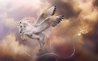 White unicorn flying cloudy sky - a string free wallpaper