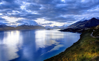 Lake mountain clouds road beautiful - a mountain range in the background free wallpaper