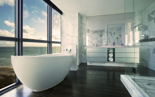 Large bathroom ocean view digital - a large window free wallpaper