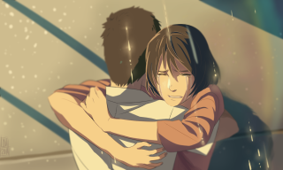 Couple hugging rainbow background person - behind them free wallpaper