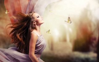 Woman flying butterflies long hair - butterfly free wallpaper