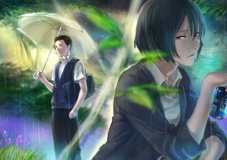 Man umbrella woman water rain - a forest in the background free wallpaper