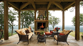 Patio fireplace chairs vase table - a patio free wallpaper
