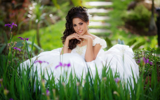 Woman white dress flower field 9 - her chin free wallpaper