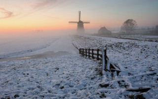 Winter fence windmill beach sunset - a matte painting free wallpaper