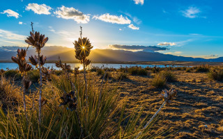 Sunset lake mountains sky bridge - the cloud free wallpaper