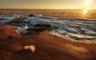 Beach waves boat sunset sky - adobe lightroom free wallpaper