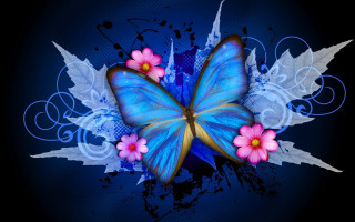 Blue butterfly pink flowers gothic - white swirl free wallpaper