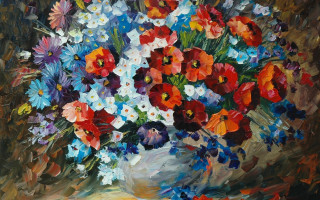 Vase colorful flowers table wall - an oil painting free wallpaper
