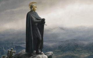 Man sword rock mountain range - a painting of a man free wallpaper