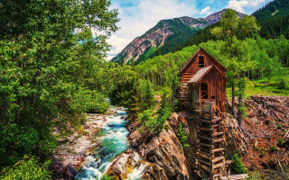 Wooden structure river forest mountain - top of a river next free wallpaper